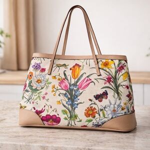 Elegant Floral Canvas Tote with Tan Leather Trim